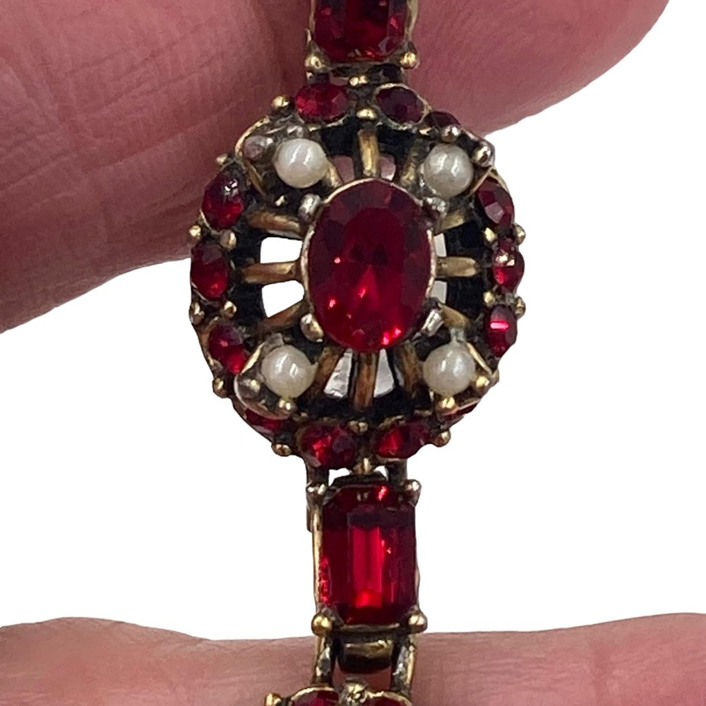 Vintage Hollycraft Red Rhinestone and Faux Pearl Bracelet and Earring Set - Picture 7 of 12